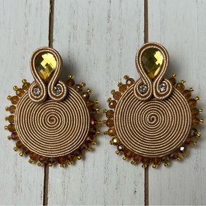 Round Gold Statement Soutache Earrings - Elegant Glam Evening Earrings